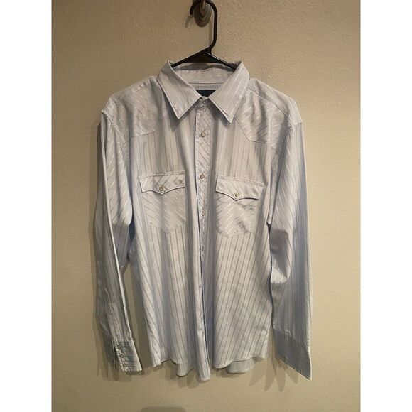 Wrangler Mens Large Vintage 90s Long Sleeve Pearl Snap Shirt Blue Diamond Print - Picture 1 of 7